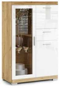 Mazzoni Comodă SIMPLE KWD3SZ1 Stejar Craft Auriu/Alb Luciu - VITRINA DULAP CU RAFTURI PENTRU LIVING STICLĂ CU LUCIU