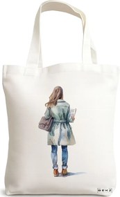 Sacosa de Panza pentru Cumparaturi, Geanta Tote, model The bookie girl 24 38 x 34.5 cm, Alba, BEKZ®