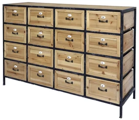 Comoda natur, din lemn masiv si metal, cu 16 sertare, aspect industrial
