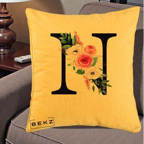 Cadou Personalizat - Perna Personalizata Monograma Florala Litera N, 40x40 cm, Galben, Husa Detasabila, Perna Inclusa, BEKZ®