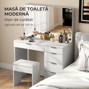 HOMCOM Set Masă de Toaletă cu Oglindă și 5 Sertare și Taburet de Machiaj Tapițat, 97,2x44,5x136,5 cm, Alb | Aosom Romania