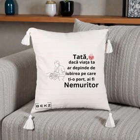Cadou pentru Tata - Perna Personalizata Tata Nemuritor Lectura, 40x40 cm, Bej cu Franjuri, Husa Detasabila, Perna Inclusa, BEKZ®