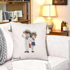 Perna Personalizata Detective Conan Conan si Ai Sailor, 40x40 cm, Bej cu Franjuri, Husa Detasabila, Perna Inclusa, BEKZ®