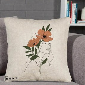 Perna Decorativa Portret Feminin Doua Maci Terracotta, 40x40 cm, Bej Canapea, Husa Detasabila, Perna Inclusa, BEKZ®