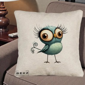Perna Decorativa Pasare Teal cu Gene si Coada Spiralata, 40x40 cm, Bej Canapea, Husa Detasabila, Perna Inclusa, BEKZ®