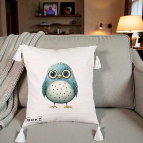Perna Decorativa Pasare Teal cu Buline Teal, 40x40 cm, Bej cu Franjuri, Husa Detasabila, Perna Inclusa, BEKZ®