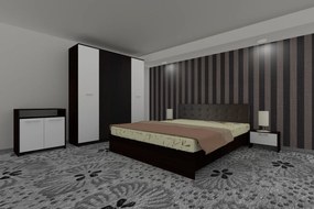 Dormitor Luiza 4U5PTM, culoare magia (wenge) / alb, cu pat tapiterie maro 140 x 200, dulap cu 4 usi 164 cm, comoda si 2 noptiere