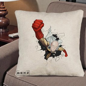 Perna Personalizata One Punch Man Saitama Pumn, 40x40 cm, Bej Canapea, Husa Detasabila, Perna Inclusa, BEKZ®