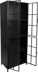 Dulap vitrină industrial din metal, negru, cu 4 uși vitrate, 4 rafturi și ochiuri de geam ca de fereastră, finisaj mat, 141 x 60 x 43 cm, „Fenetre”