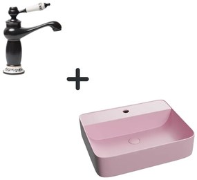 Set lavoar baie dreptunghiular roz mat cu ventil inclus plus baterie neagra retro Foglia