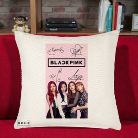 Perna Personalizata K-pop BLACKPINK Semnaturi si Foto, 40x40 cm, Crem Reliefat, Husa Detasabila, Perna Inclusa, BEKZ®