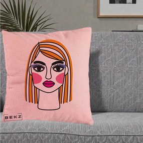Perna Decorativa Portret Pop Art Fata, 40x40 cm, Roz, Husa Detasabila, Perna Inclusa, BEKZ®
