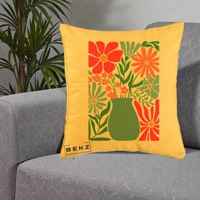 Perna Decorativa Flori in Vaza Turcoaz, 40x40 cm, Galben, Husa Detasabila, Perna Inclusa, BEKZ®
