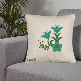 Perna Decorativa Flori Stilizate Folk Turcoaz, 40x40 cm, Bej Canapea, Husa Detasabila, Perna Inclusa, BEKZ®