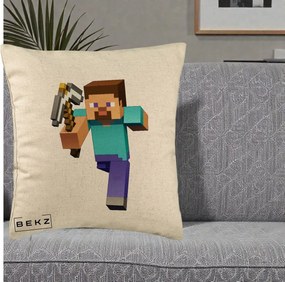 Perna Personalizata Minecraft Steve, 40x40 cm, Bej, Husa Detasabila, Perna Inclusa, BEKZ®