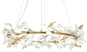 Lustra Suspendata, Metal Auriu, Petale Flori Albe Ceramice, FLORA 100