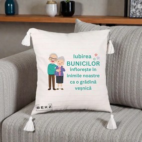 Cadou pentru Bunici - Perna Personalizata Bunicii Iubirea Infloreste Cuplu Senior Teal, 40x40 cm, Bej cu Franjuri, Husa Detasabila, Perna Inclusa, BEKZ®