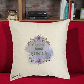 Cadou pentru Bunica - Perna Personalizata Cea Mai Buna Bunica Flori Mov Acuarela Auriu, 40x40 cm, Ecru, Husa Detasabila, Perna Inclusa, BEKZ®