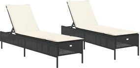 vidaXL Șezlonguri de plajă cu perne, 2 buc., negru, poliratan