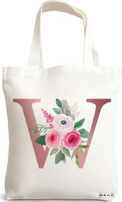 Sacosa de Panza pentru Cumparaturi, Geanta Tote, Cu litera W Rose Gold si Trandafiri, 38x34.5 cm, Alba, BEKZ®