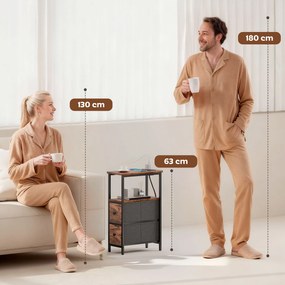 HOMCOM Masă laterală/masă de cafea cu stație de încărcare, cadru din oțel, 2 sertare textile, compartiment deschis, 20cm x 40cm x 63cm, Maro rustic | Aosom Romania