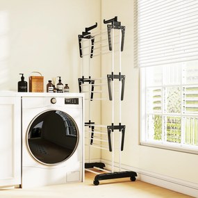 HOMCOM Uscător de Rufe Tip Turn cu 4 Niveluri, Suport pentru Uscat Rufe cu Aripi Laterale Pivotante și 4 Roți, 73x64x177 cm, Negru