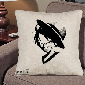 Perna Personalizata One Piece Luffy Silueta Alb-Negru, 40x40 cm, Bej Canapea, Husa Detasabila, Perna Inclusa, BEKZ®