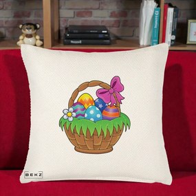 Perna Decorativa Cos cu Oua de Pasti Colorat, 40x40 cm, Crem Reliefat, Husa Detasabila, Perna Inclusa, BEKZ®