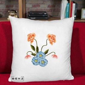 Perna Decorativa Trandafiri si Bujori Acuarela, 40x40 cm, Alb Pufos, Husa Detasabila, Perna Inclusa, BEKZ®