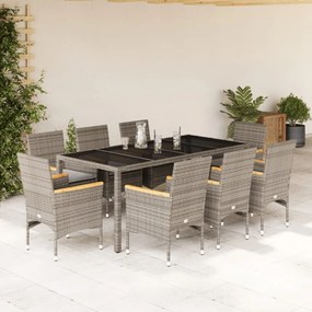 vidaXL Set mobilier de grădină cu perne 9 piese gri poliratan &amp; sticlă