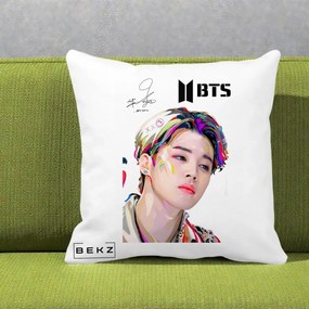 Perna Personalizata K-pop BTS Jimin Portret Artistic Multicolor cu Autograf, 40x40 cm, Alba Mata, Husa Detasabila, Perna Inclusa, BEKZ®