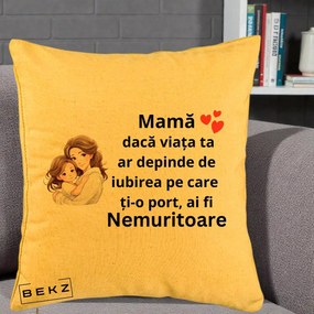Cadou pentru Mama - Perna Personalizata Mama Nemuritoare cu Balon Inima, 40x40 cm, Galben, Husa Detasabila, Perna Inclusa, BEKZ®