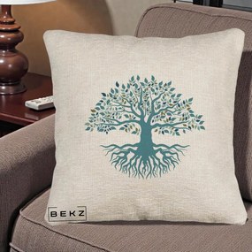 Perna Decorativa Copacul Vietii Teal cu Radacini, 40x40 cm, Bej Canapea, Husa Detasabila, Perna Inclusa, BEKZ®