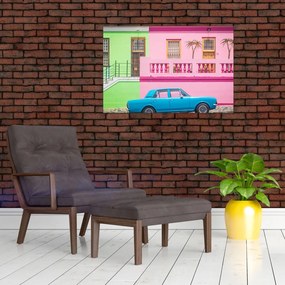 Tablou cu mașina - casele colorate (90x60 cm)
