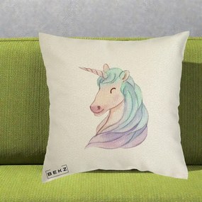 Perna Decorativa Unicorn Acuarela Pastel, 40x40 cm, Ecru, Husa Detasabila, Perna Inclusa, BEKZ®