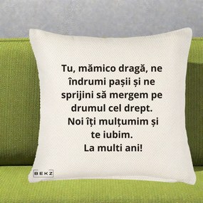 Cadou pentru Mama - Perna Personalizata Mamico Draga Te Iubim La Multi Ani cu Text Negru, 40x40 cm, Crem Reliefat, Husa Detasabila, Perna Inclusa, BEKZ®