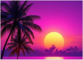 Tablou pe sticlă - Apus violet cu palmier (70x50 cm)