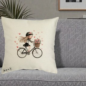Perna Decorativa Fetita Kawaii pe Bicicleta cu Trandafiri si Inimioare, 40x40 cm, Ecru, Husa Detasabila, Perna Inclusa, BEKZ®