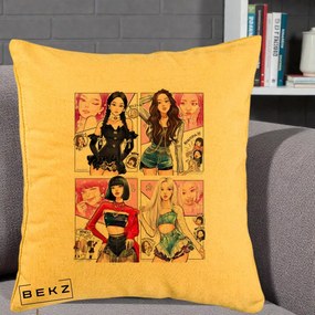 Perna Personalizata K-pop BLACKPINK Fanart Manga Benzi Desenate 4 Membre, 40x40 cm, Galben, Husa Detasabila, Perna Inclusa, BEKZ®