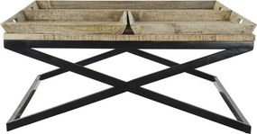 Măsuță de cafea pătrată din lemn și metal, natur și negru, cu 3 tăvi detașabile, finisaj mat, 55 x 120 x 120 cm, „Traywood” – Ethnic Collections