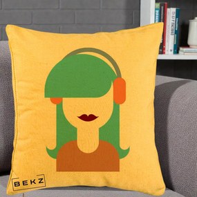 Perna Decorativa Fata cu Casti Muzica Grafic, 40x40 cm, Galben, Husa Detasabila, Perna Inclusa, BEKZ®