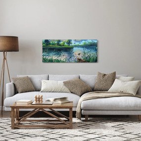 Tablou- Pictură în ulei, seară de vară lângă lac (120x50 cm)