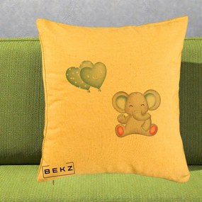 Perna Decorativa, Model Elefant si baloane in forma de inimioare, 40x40 cm, Galben, Husa Detasabila, Perna Inclusa, BEKZ®