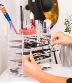 Organizator produse cosmetica 8 sertare  suport pentru pensule creioane si rujuri Transparent /Auriu Acril