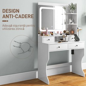 HOMCOM Masă de Toaletă cu Oglindă Iluminată LED, Masă de Machiaj cu Stație de Încărcare, 4 sertare și rafturi de depozitare, 90x45x160 cm, Alb