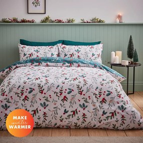 Lenjerie de pat albă-verde din flanelă pentru pat dublu, extinsă 230x220 cm Holly and Mistletoe – Catherine Lansfield