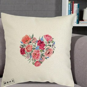 Perna Decorativa Inima din Bujori Acuarela, 40x40 cm, Ecru, Husa Detasabila, Perna Inclusa, BEKZ®