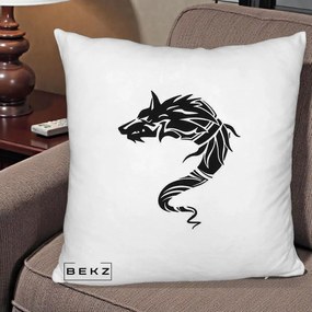 Perna Decorativa Lup Tribal Alb-Negru, 40x40 cm, Alb Pufos, Husa Detasabila, Perna Inclusa, BEKZ®