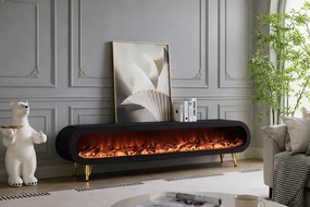 Șemineu electric cu efect LED realist, Comodă TV cu design oval, control vocal și telecomandă, fără încălzire, 180 cm, Negru