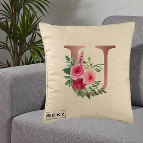 Cadou Personalizat - Perna Personalizata Monograma Rose Gold Litera U, 40x40 cm, Bej, Husa Detasabila, Perna Inclusa, BEKZ®